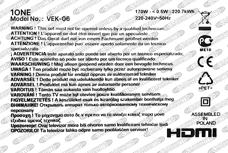 Télécommande universelle pour TV 1ONE VEK-06