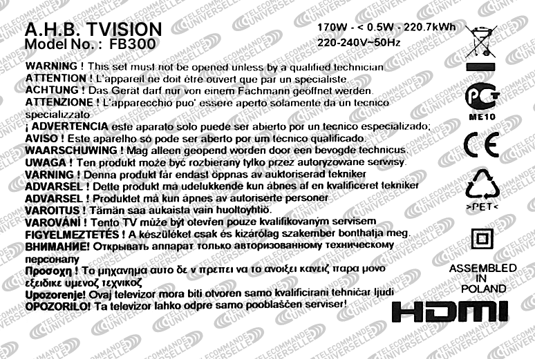 Télécommande universelle pour TV A.H.B. TVISION FB300