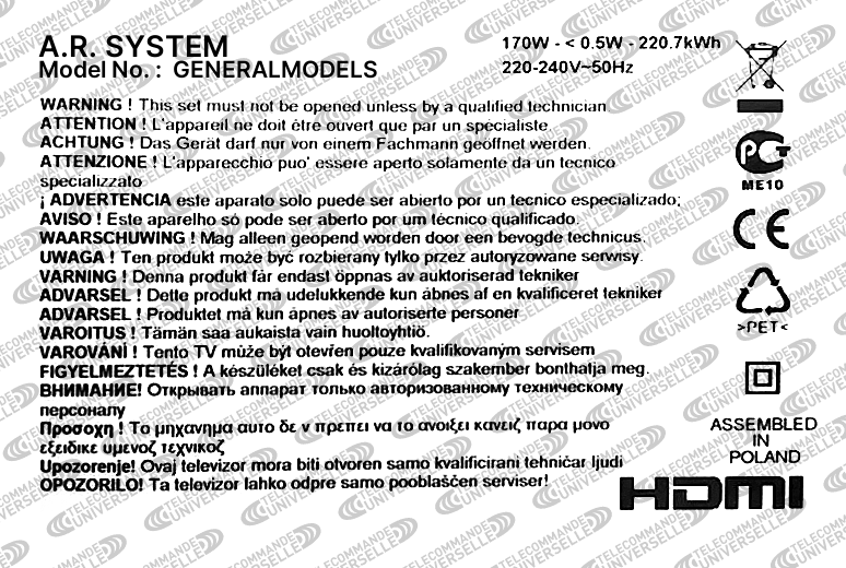 Télécommande universelle pour TV A.R. SYSTEM GENERALMODELS