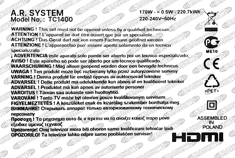 Télécommande universelle pour TV A.R. SYSTEM TC1400