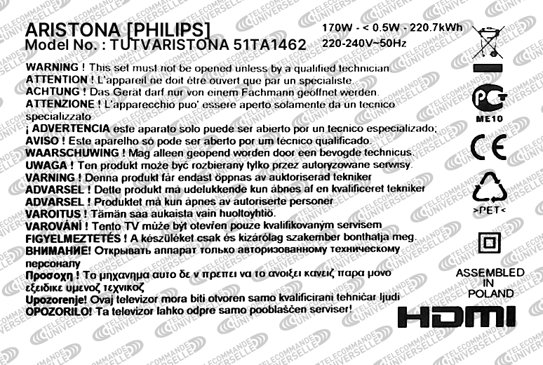 Télécommande universelle pour TV ARISTONA 51TA1462