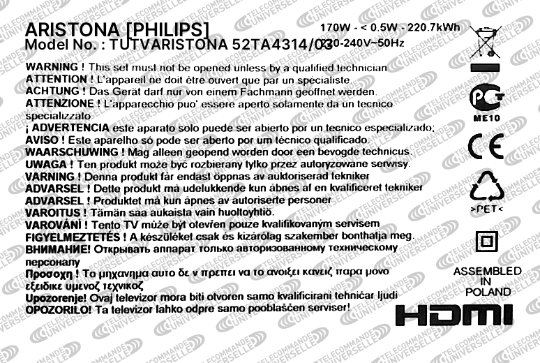 Télécommande universelle pour TV ARISTONA 52TA4314/03