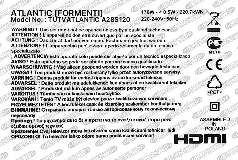 Télécommande universelle pour TV ATLANTIC A28S120