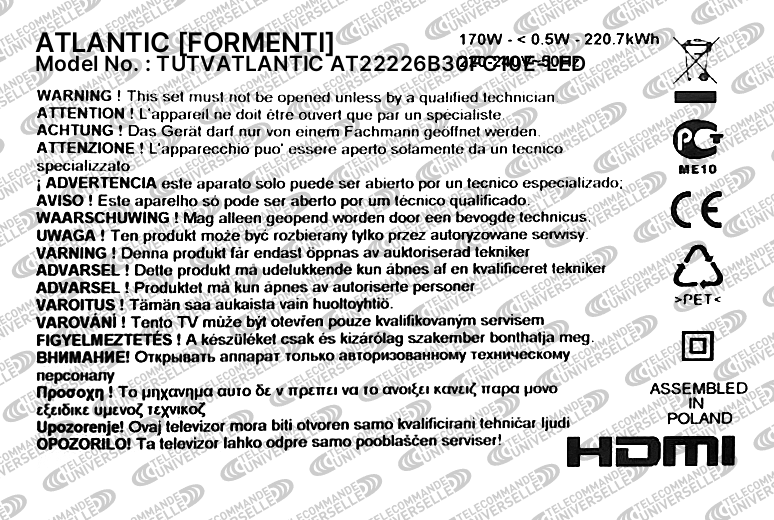 Télécommande universelle pour TV ATLANTIC AT22226B30FC10E-LED