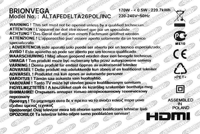 Télécommande universelle pour TV BRIONVEGA ALTAFEDELTA26POL/INC