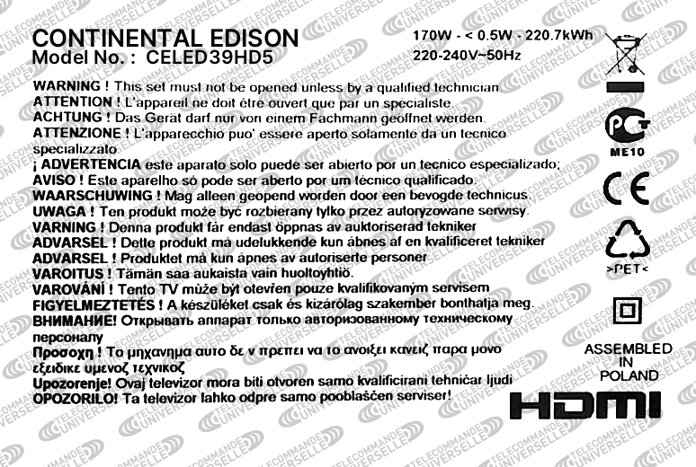 Télécommande Universelle pour TV CONTINENTAL EDISON CELED39HD5