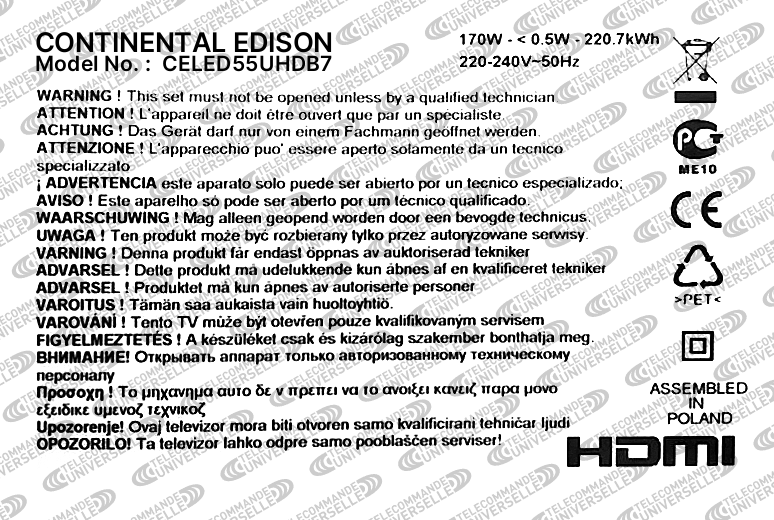 Télécommande Universelle pour TV CONTINENTAL EDISON CELED55UHDB7