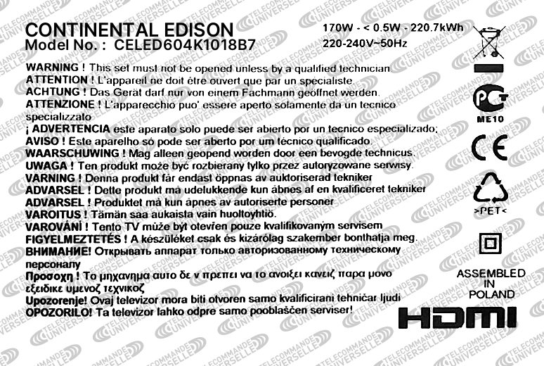 Télécommande Universelle pour TV CONTINENTAL EDISON CELED604K1018B7