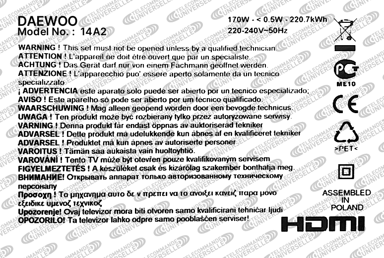 Télécommande universelle pour TV DAEWOO 14A2