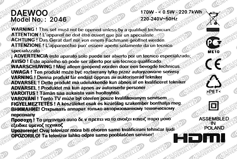 Télécommande universelle pour TV DAEWOO 2046