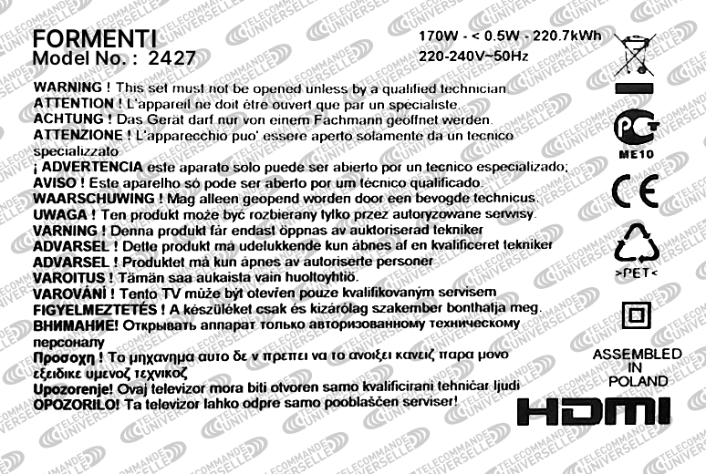 Télécommande universelle pour TV FORMENTI 2427
