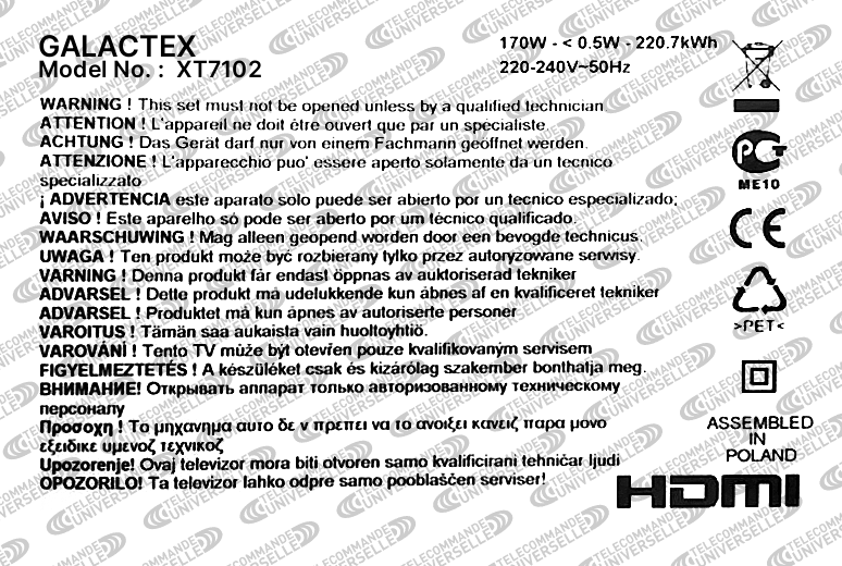 Télécommande universelle pour TV GALACTEX XT7102