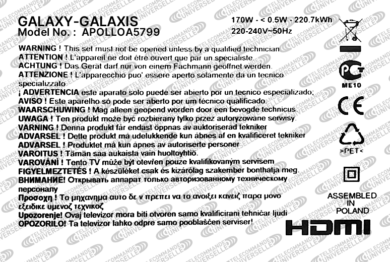 Télécommande Universelle pour TV GALAXY-GALAXIS APOLLOA5799