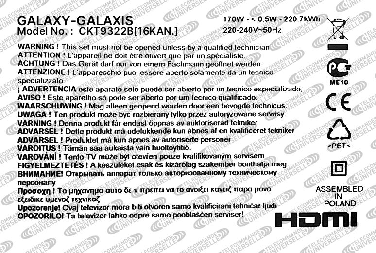 Télécommande universelle pour TV GALAXY-GALAXIS CKT9322B[16KAN.]