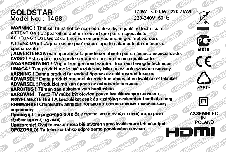 Télécommande universelle pour TV GOLDSTAR 1468