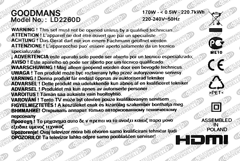 Télécommande universelle pour TV GOODMANS LD2260D