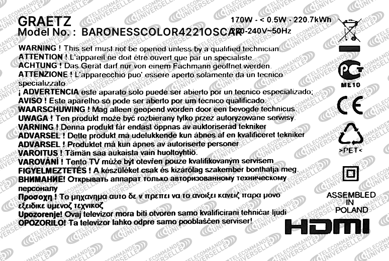 Télécommande Universelle pour TV GRAETZ BARONESSCOLOR4221OSCAR