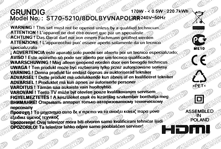 Télécommande universelle pour TV GRUNDIG ST70-5210/8DOLBYVNAPOLAR