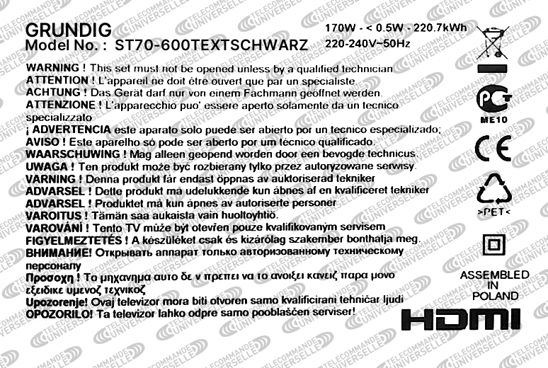 Télécommande universelle pour TV GRUNDIG ST70-600TEXTSCHWARZ
