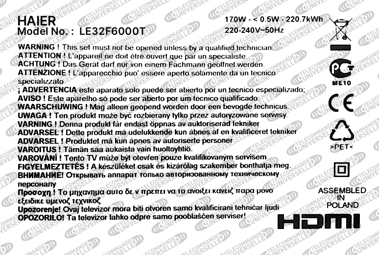 Télécommande Universelle pour TV HAIER LE32F6000T