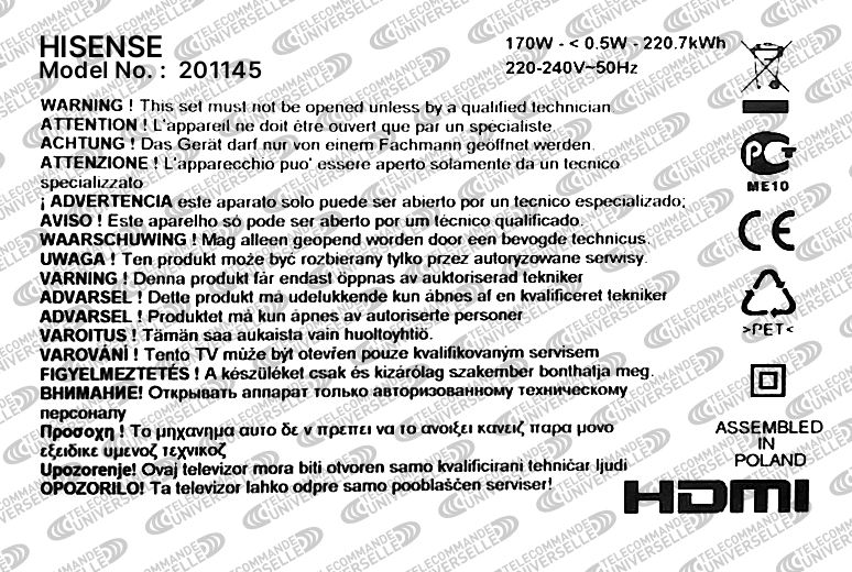 Télécommande universelle pour TV HISENSE 201145