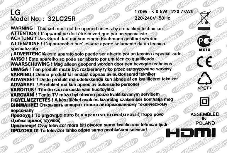 Télécommande Universelle pour TV LG 32LC25R