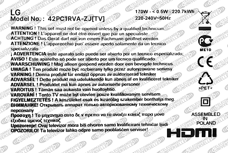 Télécommande universelle pour TV LG 42PC1RVA-ZJ[TV]