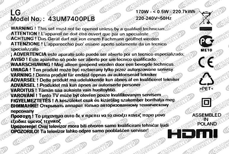 Télécommande Universelle pour TV LG 43UM7400PLB