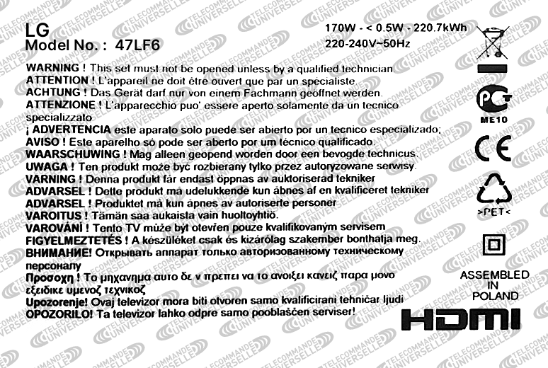 Télécommande universelle pour TV LG 47LF6