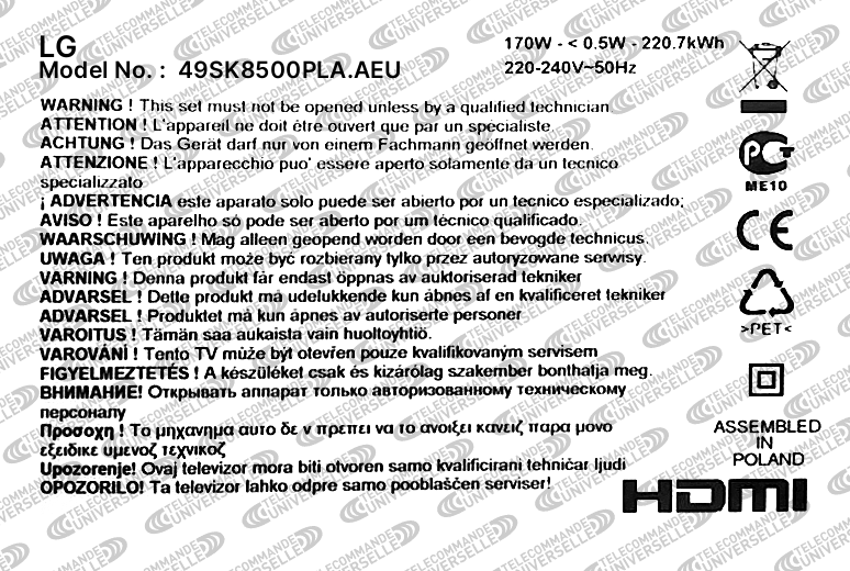 Télécommande Universelle pour TV LG 49SK8500PLA.AEU