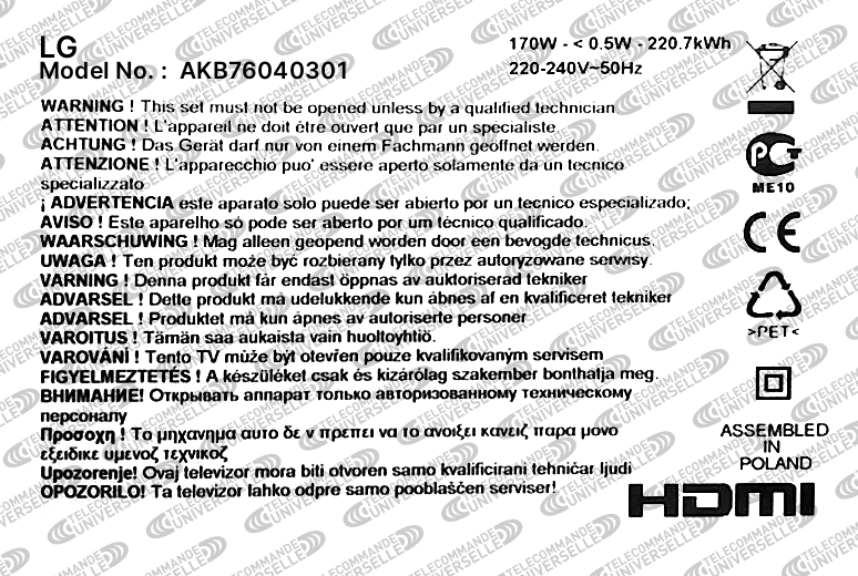 Télécommande Universelle pour TV LG AKB76040301