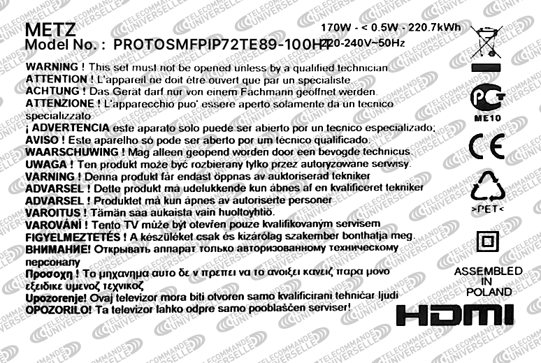 Télécommande Universelle pour TV METZ PROTOSMFPIP72TE89-100HT