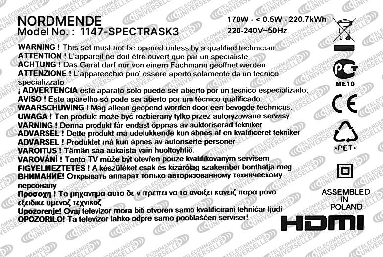 Télécommande universelle pour TV NORDMENDE 1147-SPECTRASK3