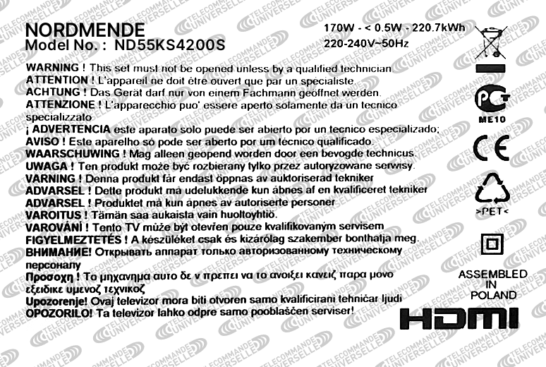 Télécommande Universelle pour TV NORDMENDE ND55KS4200S