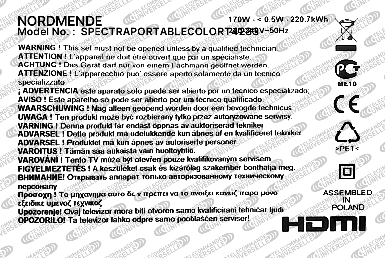 Télécommande universelle pour TV NORDMENDE SPECTRAPORTABLECOLORT4233