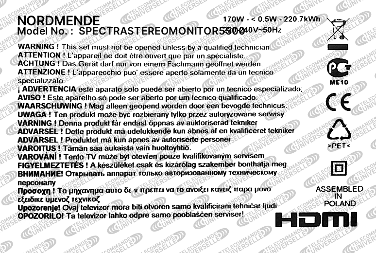 Télécommande universelle pour TV NORDMENDE SPECTRASTEREOMONITOR5500
