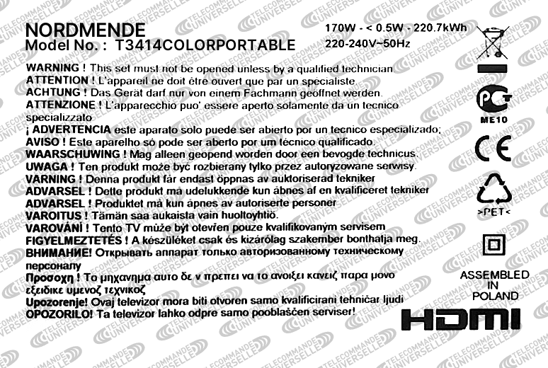 Télécommande universelle pour TV NORDMENDE T3414COLORPORTABLE