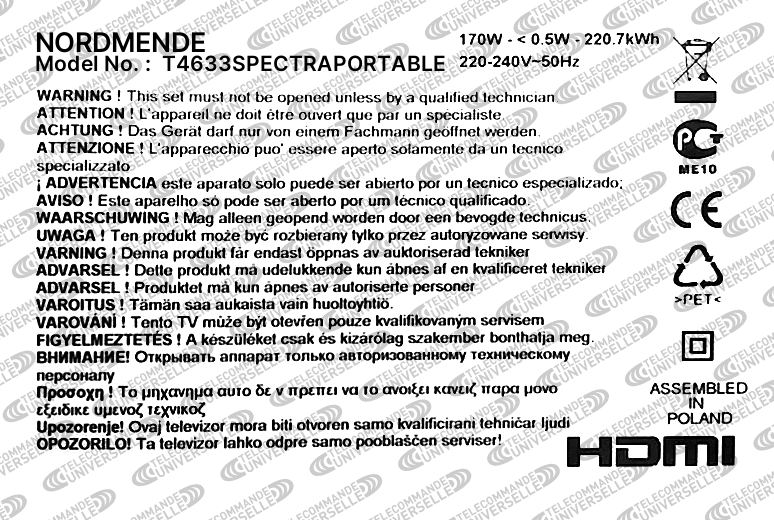 Télécommande universelle pour TV NORDMENDE T4633SPECTRAPORTABLE