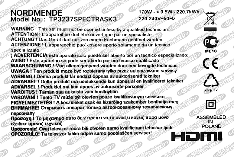 Télécommande universelle pour TV NORDMENDE TP3237SPECTRASK3