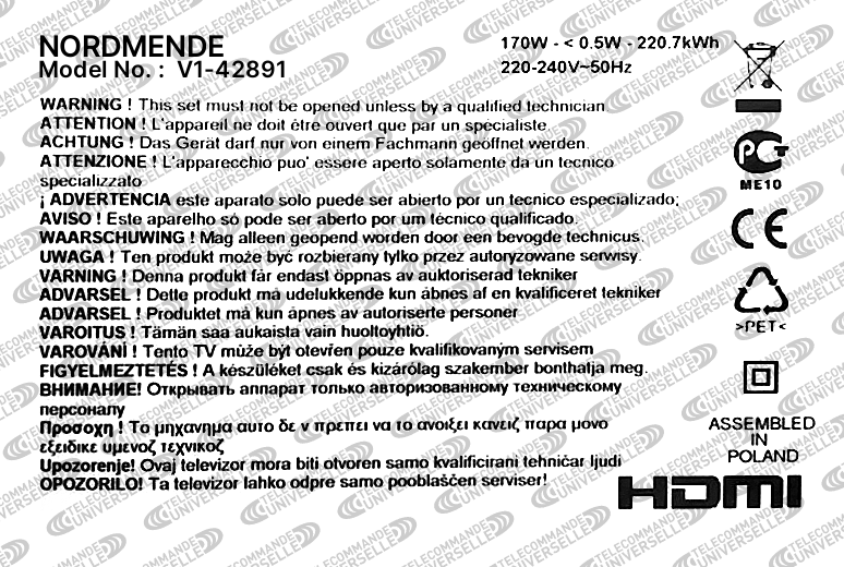 Télécommande universelle pour TV NORDMENDE V1-42891