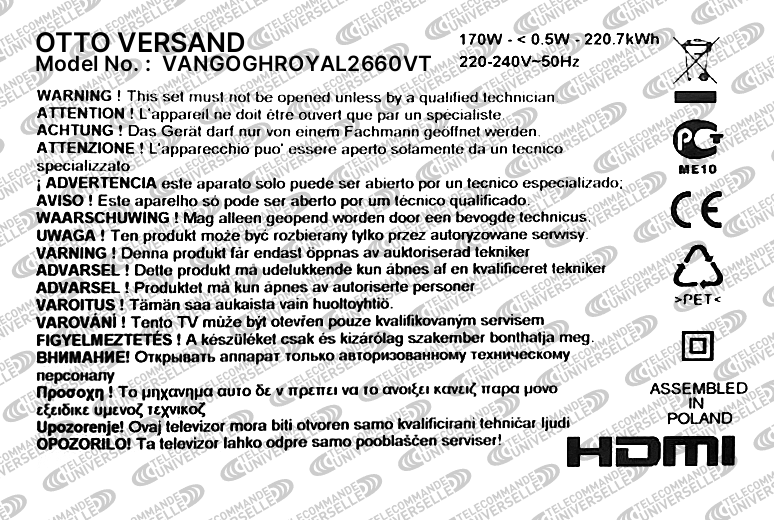 Télécommande universelle pour TV OTTO VERSAND VANGOGHROYAL2660VT