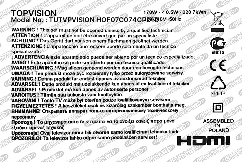 Télécommande universelle pour TV PVISION HOF07C074GPD10