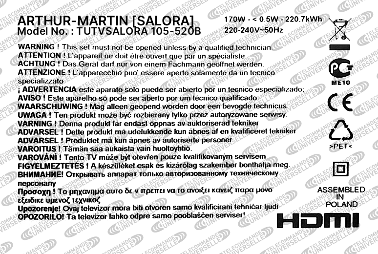 Télécommande universelle pour TV SALORA 105-520B