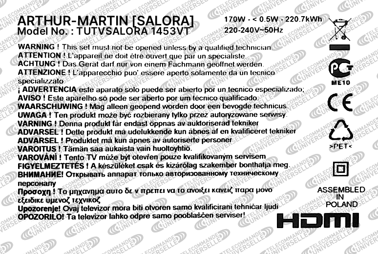 Télécommande universelle pour TV SALORA 1453VT
