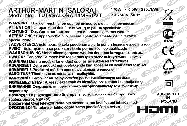 Télécommande universelle pour TV SALORA 14MF50VT