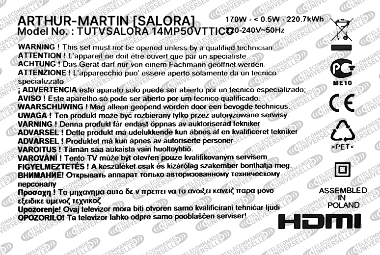 Télécommande universelle pour TV SALORA 14MP50VTTICO
