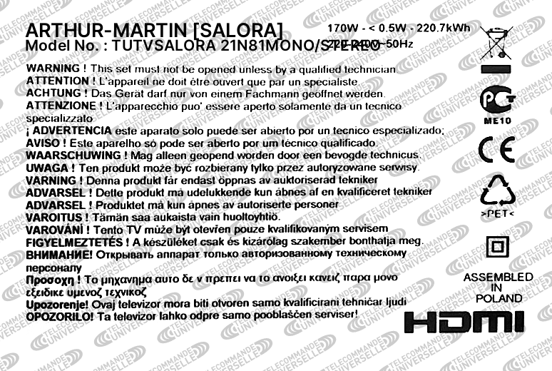Télécommande universelle pour TV SALORA 21N81MONO/STEREO